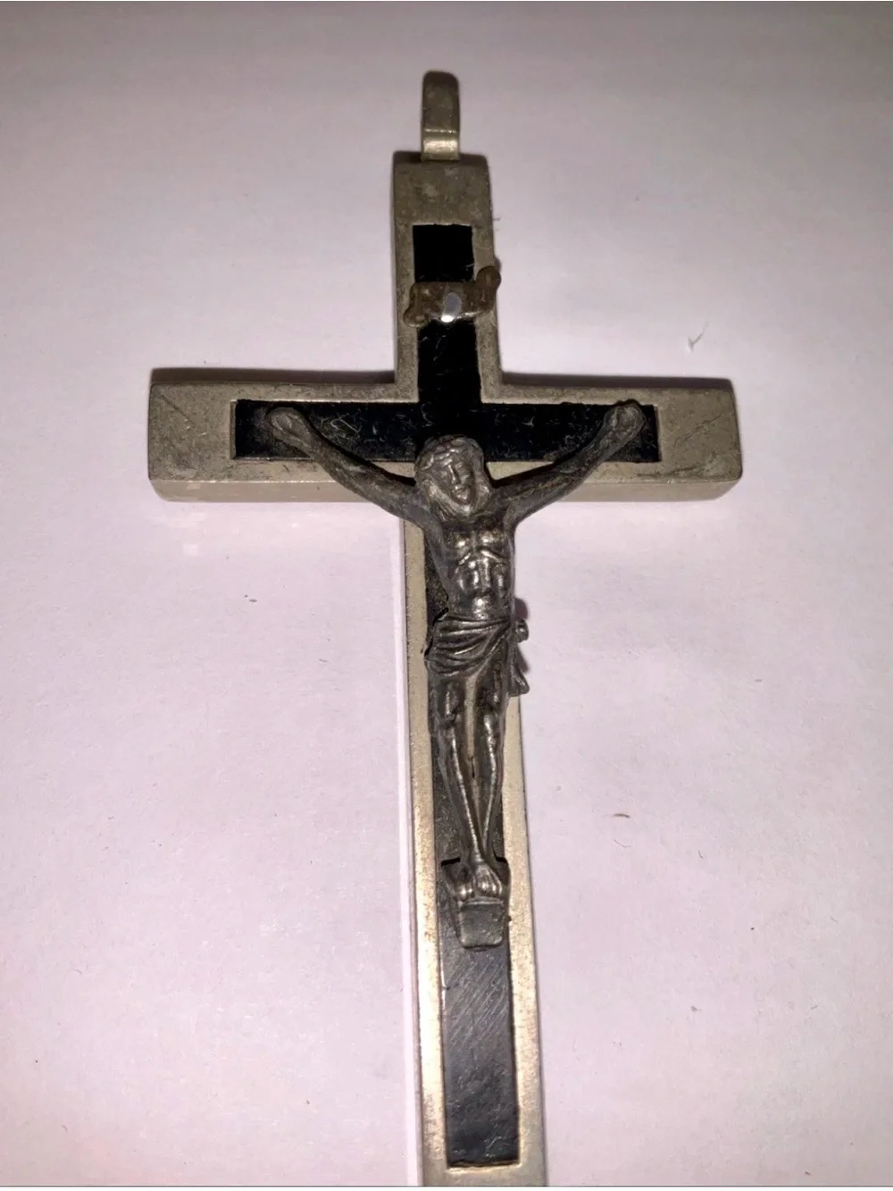 Vintage Italy Black Enamel Crucifix Cross Pendant Catholic Silver Tone 3.5”